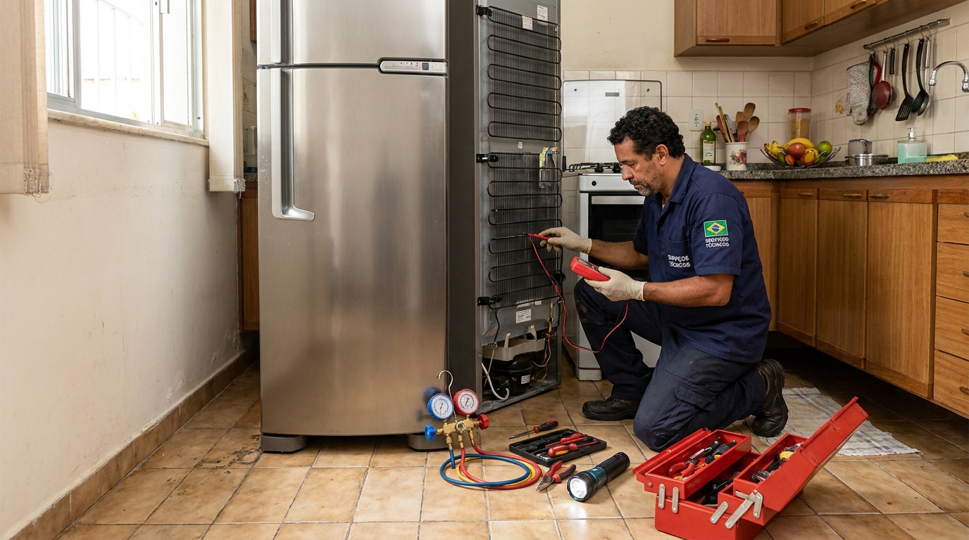Técnico realizando manutenção de motor de geladeira em São Luís‑MA